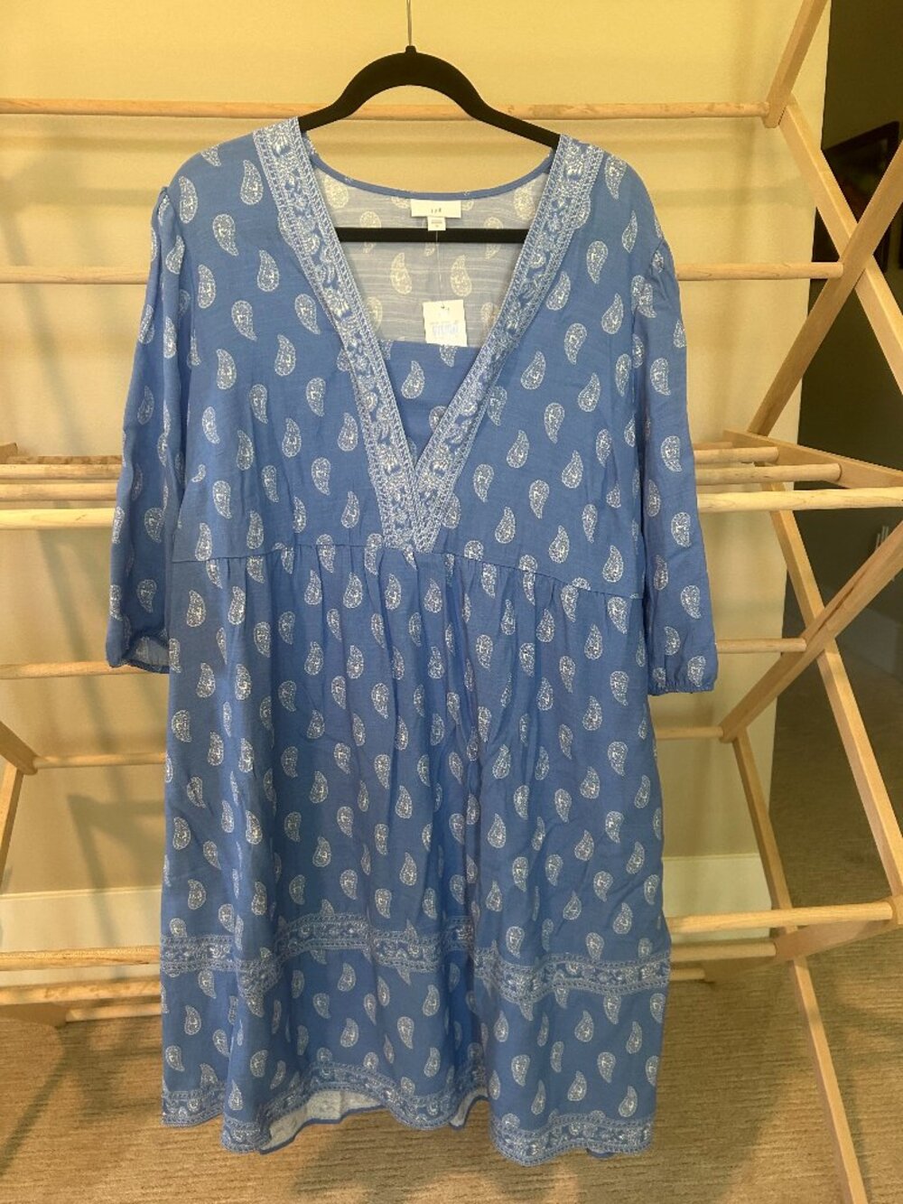 NWT J. Jill Blue White Paisley Embroidered V-Neck Babydoll Dress XL